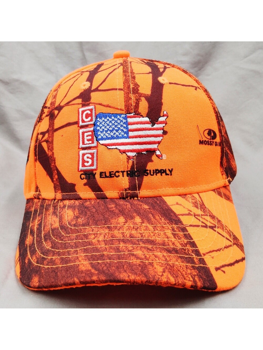 City Electric Supply CES Hat Mossy Oak Blaze Orange Camo USA Flag Hunting Cap